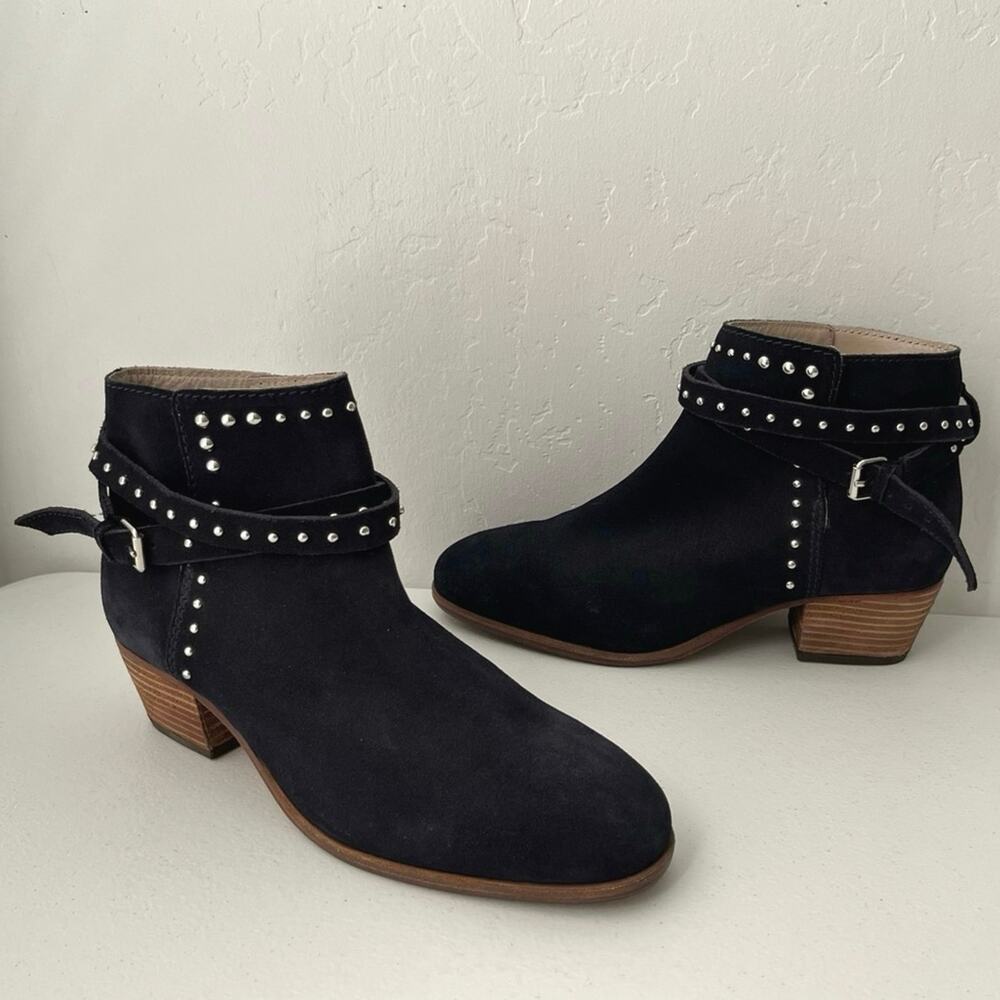 Boden Keira Ankle Boots Women's Size 41/9.5 Navy Blue Leather Studded Edgy Chic